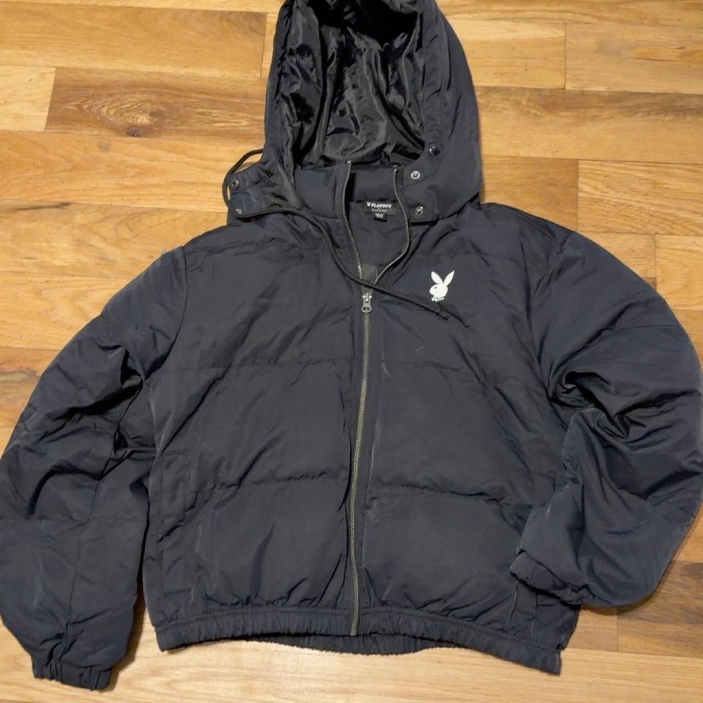 00073- Playboy by PacSun Black Hooded Puffer Jacket White Bunny Logo XS/S